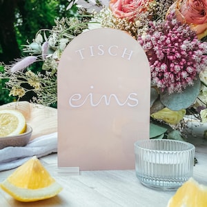 Personalisierte Acryl Tischnummern für Hochzeiten mit Aufsteller, Acrylbogen, für Geburtstage, Taufen in transparent, weiß, rosa