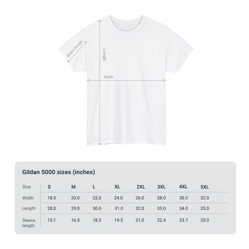 Puede incluir: Una tabla de tallas para camisetas Gildan 5000, que muestra las medidas en pulgadas para las tallas S a 5XL. La tabla incluye el ancho, la longitud y la longitud de la manga.