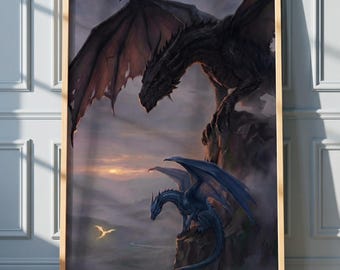 Illustration du dragon de la quatrième aile, Tairn et Andarna, décoration murale littéraire (téléchargement numérique)