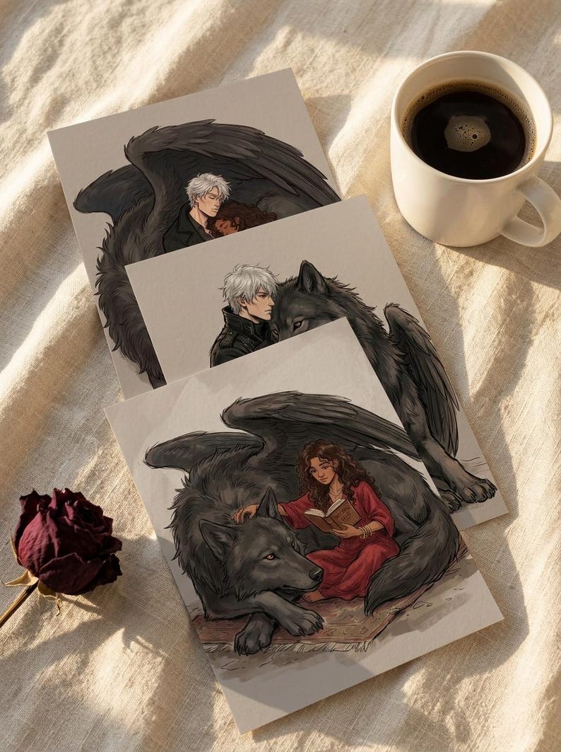 May include: Three art prints featuring fantasy illustrations. One shows a couple embraced with large black wings, another a man with a wolf, and the third a woman reading with a wolf. A cup of coffee and a dried rose are also visible.
