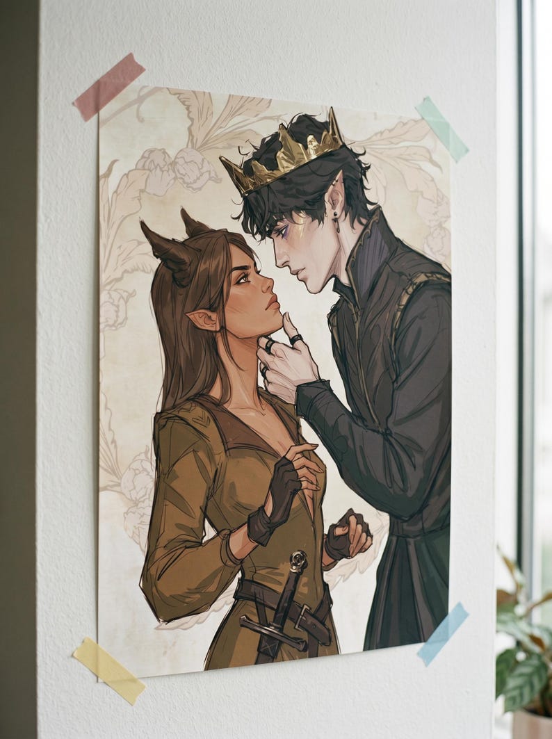 May include: Art print of a couple in a fantasy setting. The woman has brown hair and horns, wearing a green dress and gloves. The man wears a crown and black attire. The artwork is attached to a white wall with tape.