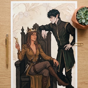 May include: Illustration of a regal woman in a gold crown and jacket, seated on a throne, with a man in a dark jacket standing beside her. The artwork features a fantasy theme with a detailed background and a succulent plant in a small pot.