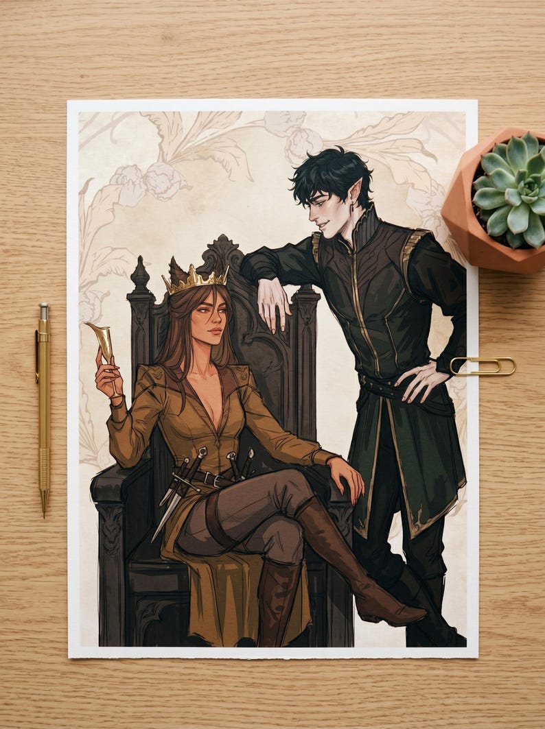 May include: Illustration of a regal woman in a gold crown and jacket, seated on a throne, with a man in a dark jacket standing beside her. The artwork features a fantasy theme with a detailed background and a succulent plant in a small pot.