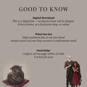 May include: Digital download graphic with text "GOOD TO KNOW". The image features a sleeping wolf-like creature on a red cloth, and a couple. Text states the item is a digital file, with instant access via Etsy.