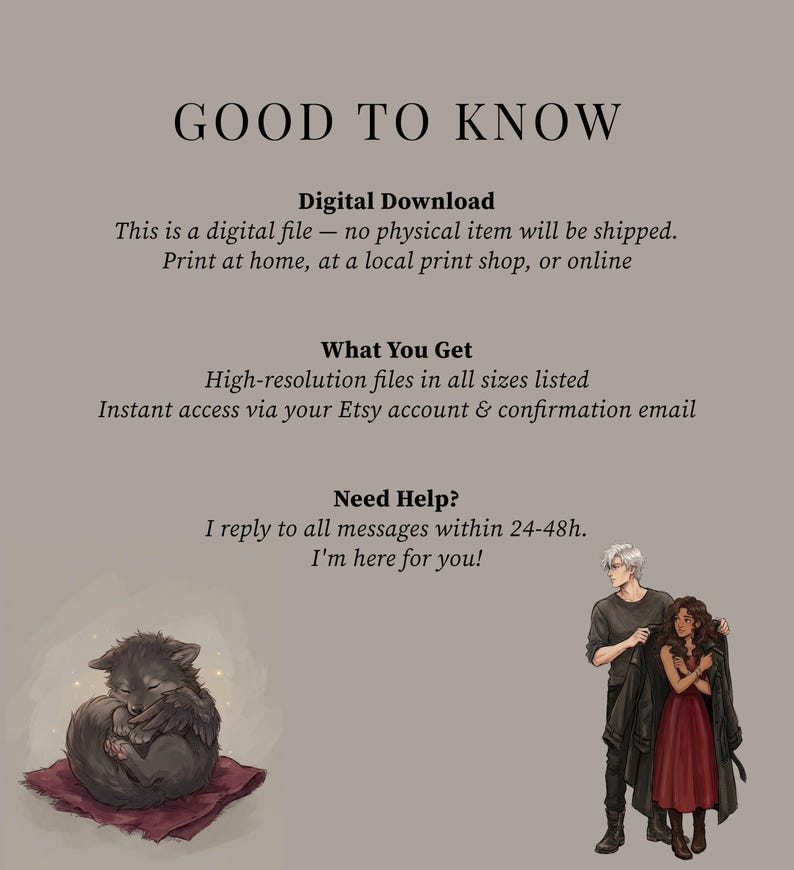 May include: Digital download graphic with text "GOOD TO KNOW". The image features a sleeping wolf-like creature on a red cloth, and a couple. Text states the item is a digital file, with instant access via Etsy.