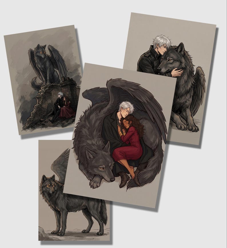 May include: A collection of art prints featuring illustrations of wolves with feathered wings and people. The artwork has a fantasy theme, with a dark color palette and detailed character designs. The prints are on a neutral background.
