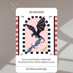 Pode incluir: Cart&atilde;o de arte digital com fundo rosa apresentando tr&ecirc;s drag&otilde;es. O drag&atilde;o superior &eacute; preto com detalhes florais, o drag&atilde;o do meio &eacute; azul e o drag&atilde;o inferior &eacute; amarelo. O cart&atilde;o tem a palavra "REMINDER" no topo.