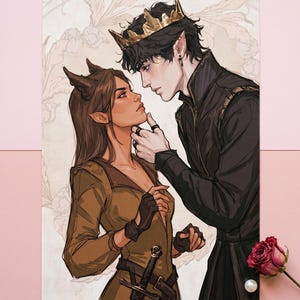 May include: An illustration of two figures, a man and a woman, in a romantic embrace. The woman wears a brown dress and gloves, and the man wears a black outfit and a gold crown. The background features a floral pattern.
