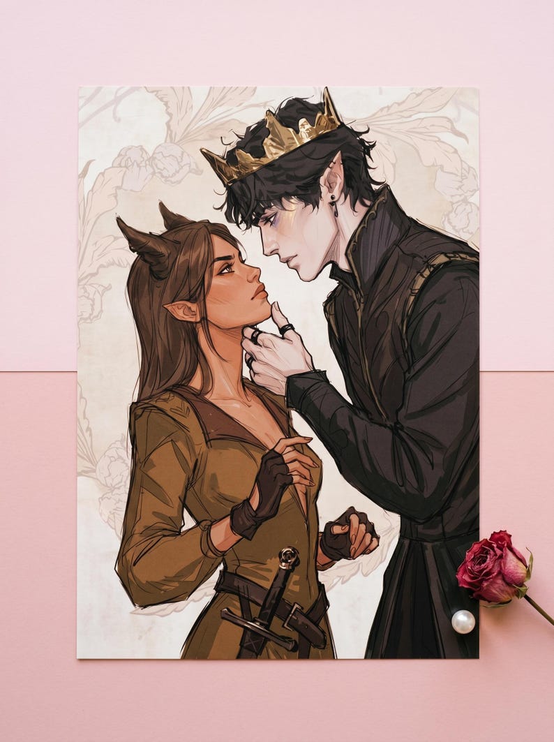 May include: An illustration of two figures, a man and a woman, in a romantic embrace. The woman wears a brown dress and gloves, and the man wears a black outfit and a gold crown. The background features a floral pattern.