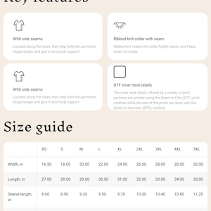 May include: A size chart for a t-shirt with measurements in inches for width, length, sleeve length, and size tolerance. The chart includes sizes XS through 5XL.