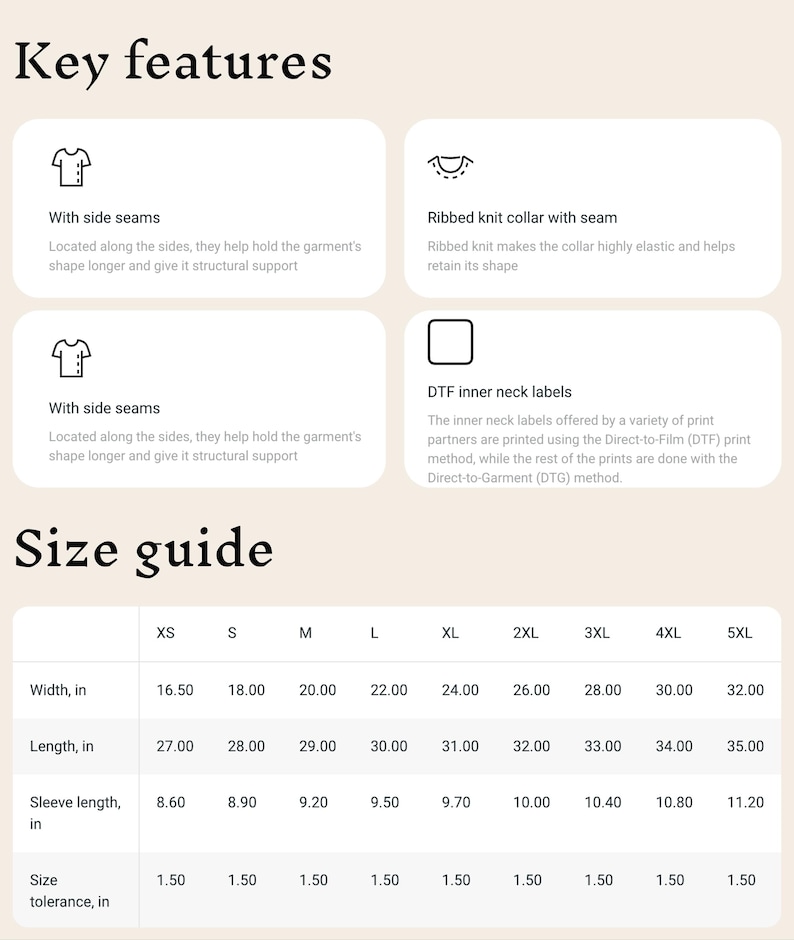 May include: A size chart for a t-shirt with measurements in inches for width, length, sleeve length, and size tolerance. The chart includes sizes XS through 5XL.