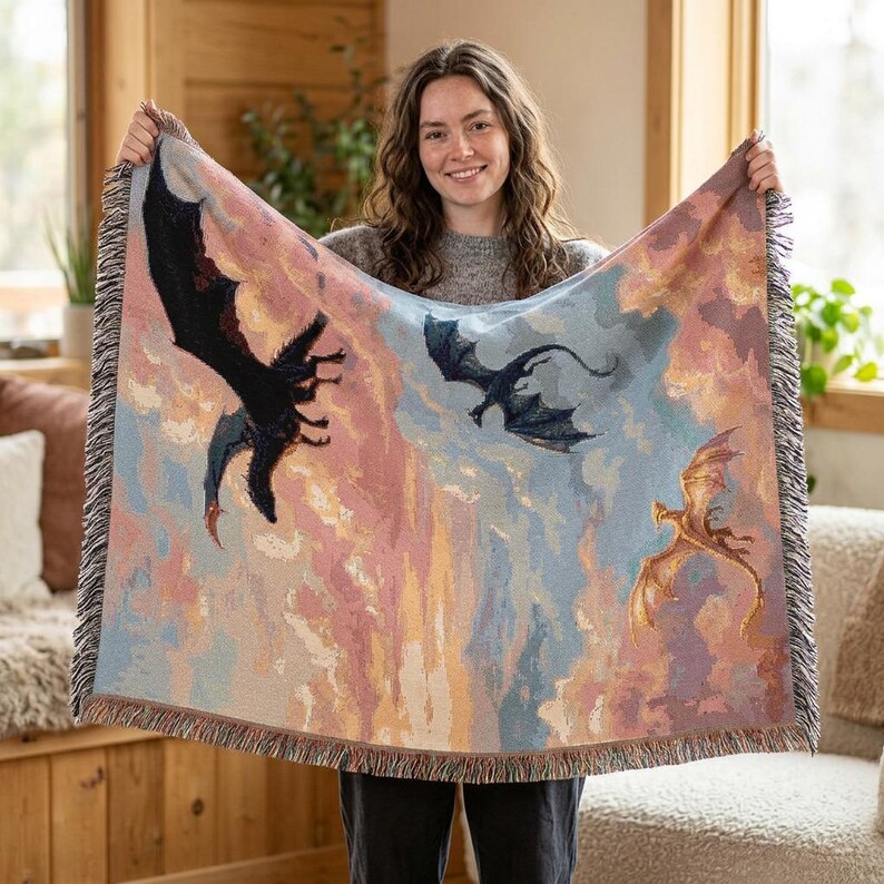 Fourth Wing Dragon Woven Blanket | Tairn Tapestry Throw for Book Lover | Bookish Gift for Her | Rebecca Yarros Fantasy Decor | Cozy Reading afbeelding 8