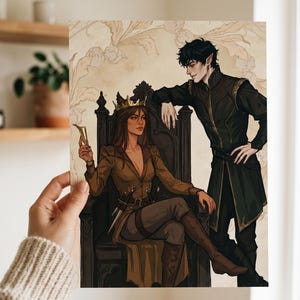 May include: Illustration of a woman wearing a crown and a brown jacket, seated on a throne, holding a golden goblet. A man in a black outfit leans on the throne. The artwork has a fantasy theme.