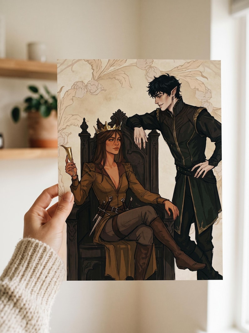 May include: Illustration of a woman wearing a crown and a brown jacket, seated on a throne, holding a golden goblet. A man in a black outfit leans on the throne. The artwork has a fantasy theme.
