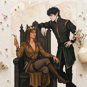 May include: Illustration of a woman in a gold crown and brown outfit seated on a throne, holding a golden goblet. A man in a black and green outfit leans on the throne. The artwork has a fantasy theme.