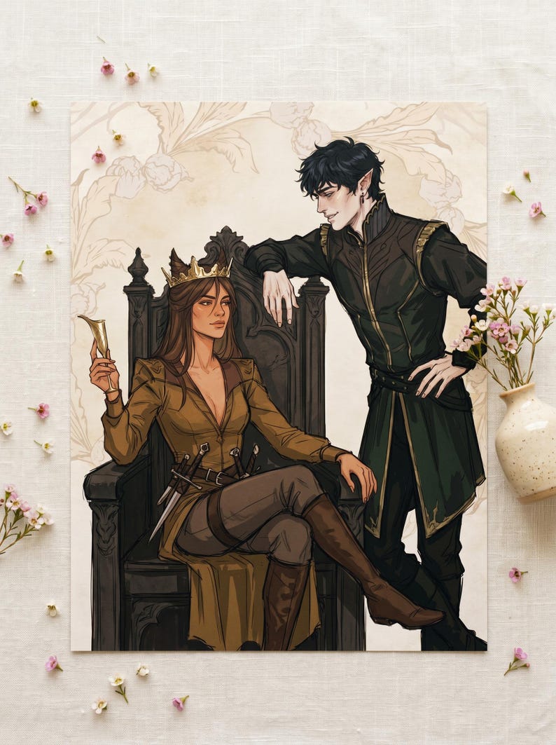 May include: Illustration of a woman in a gold crown and brown outfit seated on a throne, holding a golden goblet. A man in a black and green outfit leans on the throne. The artwork has a fantasy theme.
