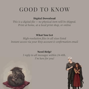 May include: Digital download graphic with text "GOOD TO KNOW". Includes information about the digital file, what you get, and help. Features an illustration of a curled-up wolf pup on a red cloth and two figures.