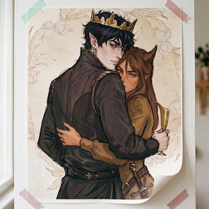 May include: Art print featuring a couple embracing, with one wearing a gold crown. The artwork has a fantasy theme, with the figures in dark clothing and the woman holding a golden goblet. The print is taped to a white wall.