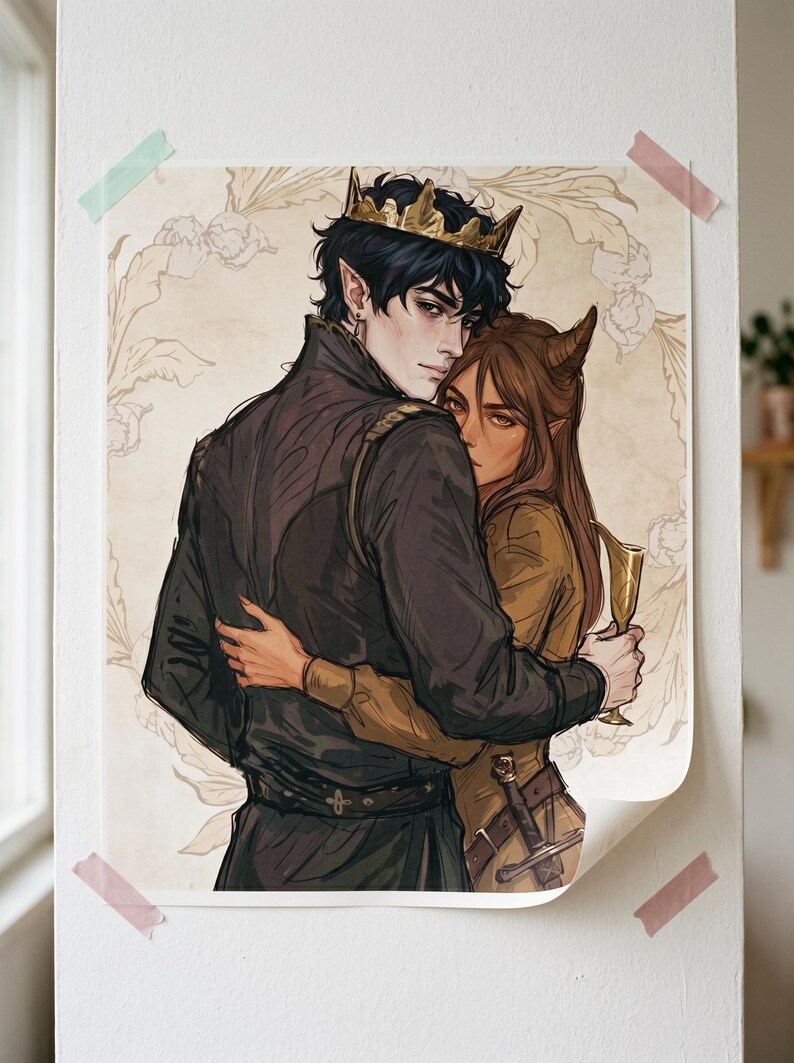May include: Art print featuring a couple embracing, with one wearing a gold crown. The artwork has a fantasy theme, with the figures in dark clothing and the woman holding a golden goblet. The print is taped to a white wall.