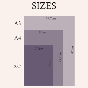 May include: Image showing the word "SIZES" in black text above three rectangular shapes in shades of gray and purple. The dimensions are labeled as A3 (29.7cm x 42cm), A4 (21cm x 29.7cm), and 5x7 (12.7cm x 17.7cm).