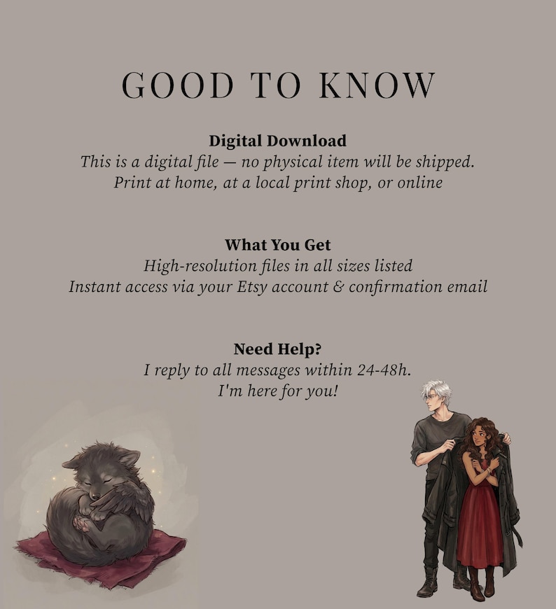 May include: Digital download graphic with text "GOOD TO KNOW". Includes information about the digital file, what you get, and help. Features an illustration of a curled-up wolf pup on a red cloth and two figures.