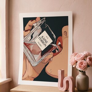 May include: Illustration of a person drinking from a perfume bottle. The bottle is labeled "KAINE FERRON" and "PALADIA". The artwork is set against a dark background, with a pink wall and a wooden surface.