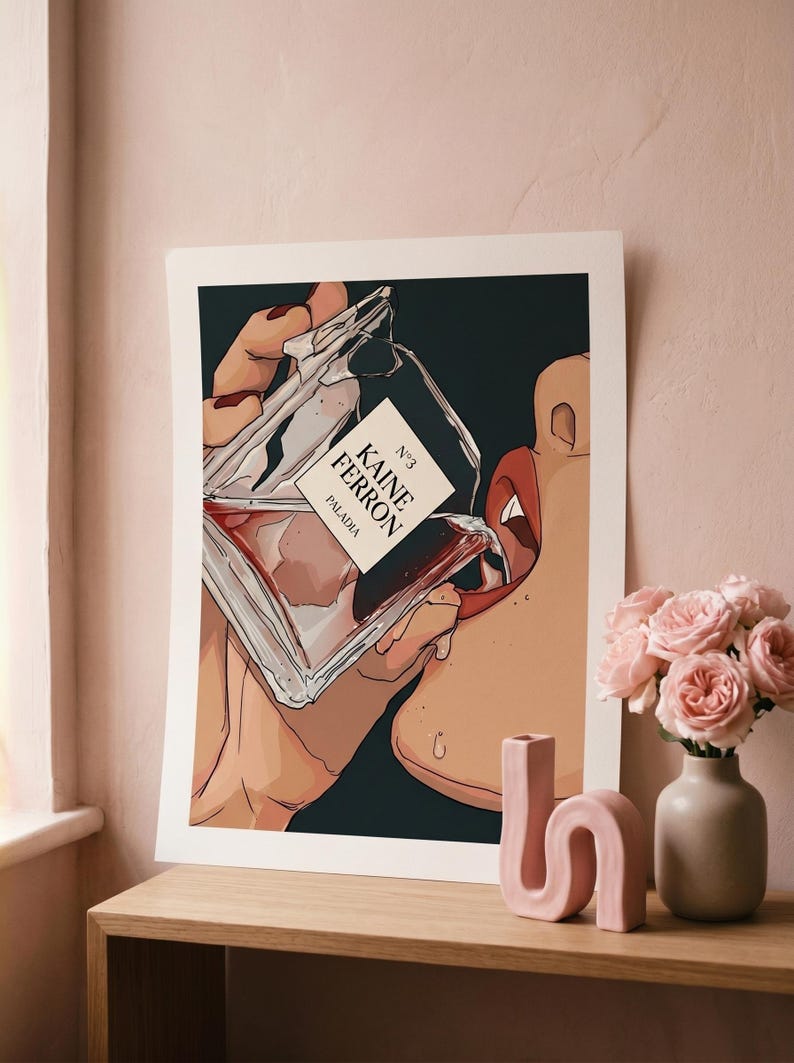 May include: Illustration of a person drinking from a perfume bottle. The bottle is labeled "KAINE FERRON" and "PALADIA". The artwork is set against a dark background, with a pink wall and a wooden surface.