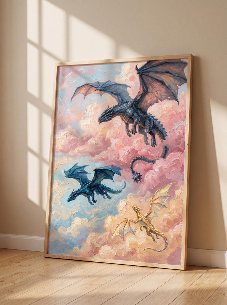 May include: A framed wall art print featuring an oil painting of three dragons flying through a sky filled with thick, textured pink and blue clouds. One large dark blue dragon, a smaller blue dragon, and a golden dragon are depicted in flight.