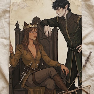 May include: Illustration of a queen seated on a throne, wearing a gold crown and holding a glass. A man in dark attire leans on the throne. The artwork features a warm color palette with swords at the queen's waist.