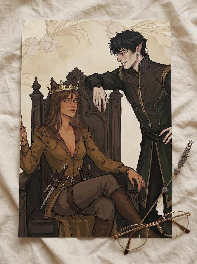 May include: Illustration of a queen seated on a throne, wearing a gold crown and holding a glass. A man in dark attire leans on the throne. The artwork features a warm color palette with swords at the queen's waist.
