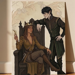 May include: Illustration of a queen seated on a throne, holding a goblet, with a man leaning nearby. The queen wears a gold crown and a long, olive-green coat. The man wears a dark green outfit. The background has a floral pattern.