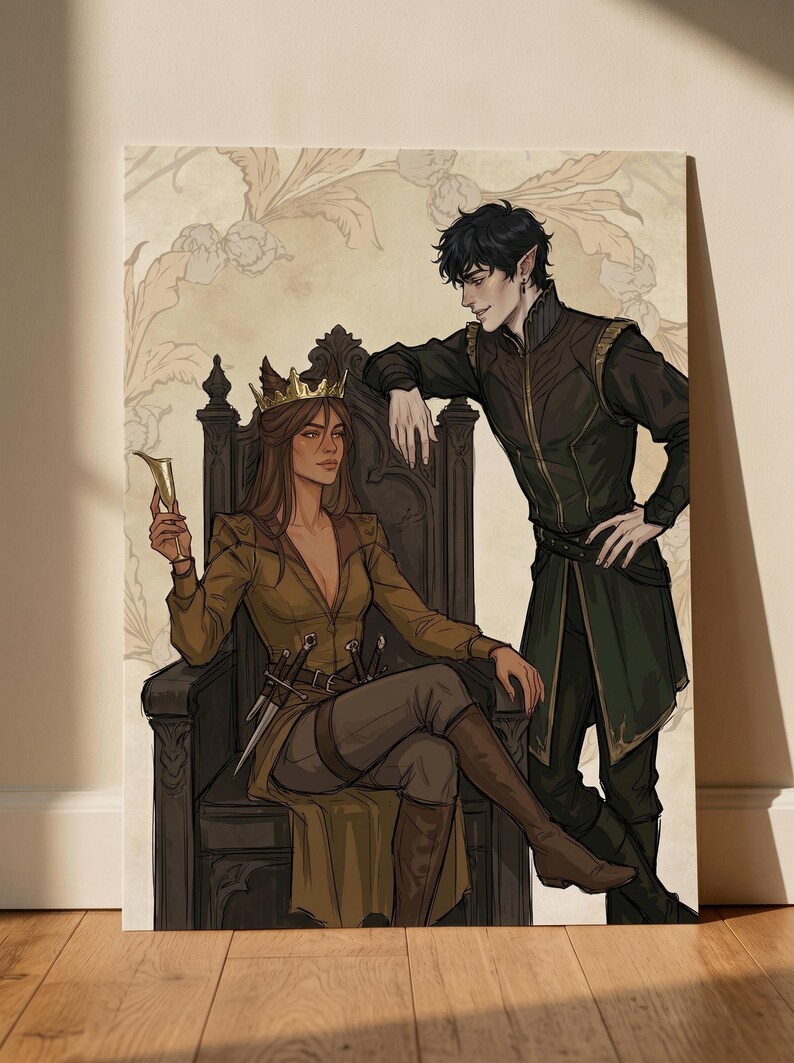 May include: Illustration of a queen seated on a throne, holding a goblet, with a man leaning nearby. The queen wears a gold crown and a long, olive-green coat. The man wears a dark green outfit. The background has a floral pattern.