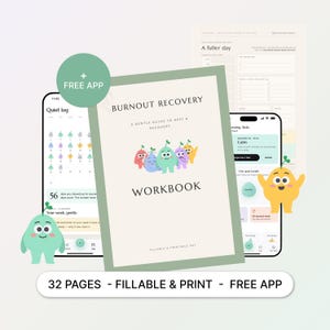 Könnte beinhalten: Ein Burnout Recovery Arbeitsbuch mit grünem Rand, illustriert mit Zeichentrickfiguren und dem Text "A gentle guide to rest & recovery." Das Set enthält digitale Planerseiten, App-Oberflächen sowie ein ausfüllbares und druckbares 32-Seiten-PDF.