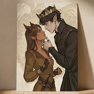 May include: An artistic print featuring a couple in a fantasy setting. The woman has brown hair and horns, wearing a green dress and gloves. The man, wearing a crown, touches her face. A sword is visible. The background has a floral pattern.