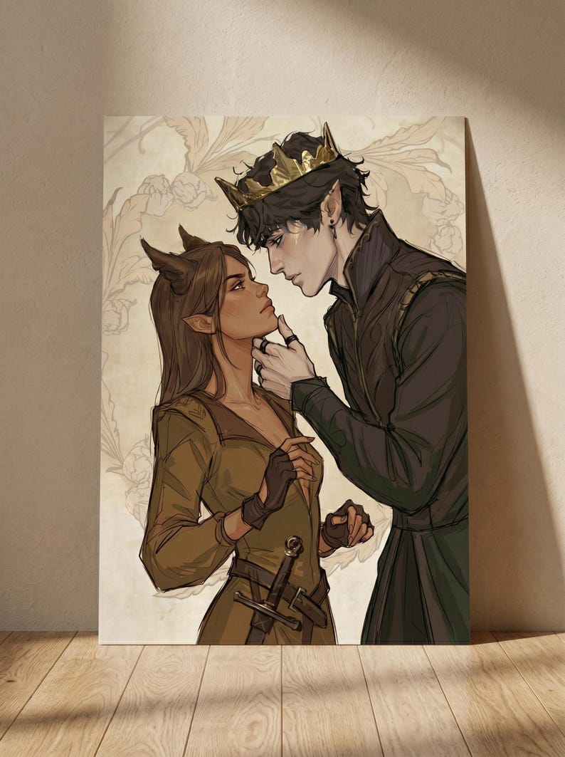 May include: An artistic print featuring a couple in a fantasy setting. The woman has brown hair and horns, wearing a green dress and gloves. The man, wearing a crown, touches her face. A sword is visible. The background has a floral pattern.