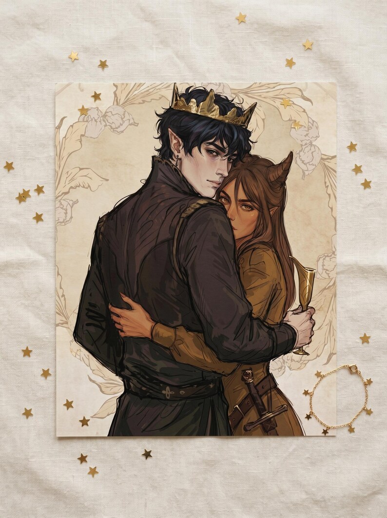 May include: An illustration of two figures embracing, one wearing a gold crown. The figures are depicted with dark hair and pointed ears. The artwork has a fantasy theme, with a sword and a gold bracelet with star charms visible.