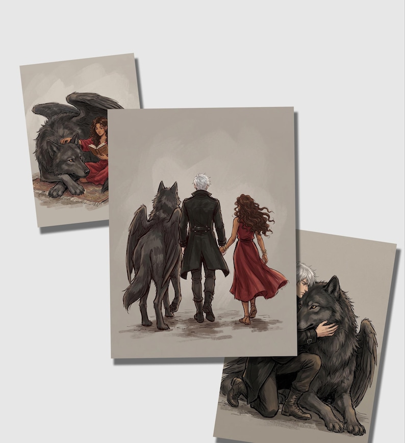 May include: Three art prints featuring fantasy illustrations. One print shows a woman in a red dress with a wolf and a winged wolf. Another depicts a couple walking with a winged wolf. The third print shows a man hugging a winged wolf.