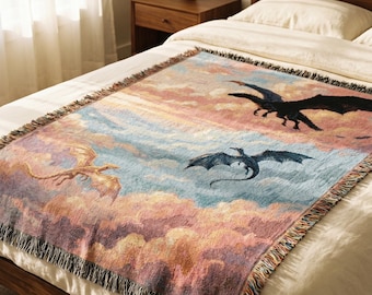 Fourth Wing Dragon Woven Blanket | Tairn Tapestry Throw for Book Lover | Bookish Gift for Her | Rebecca Yarros Fantasy Decor | Cozy Reading