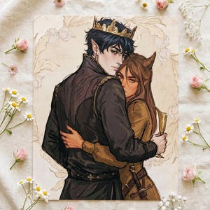May include: An illustration of a couple embracing, surrounded by flowers. The male figure wears a gold crown and black attire, while the female figure is in a brown dress. The artwork has a fantasy theme, with the couple appearing to be elves.