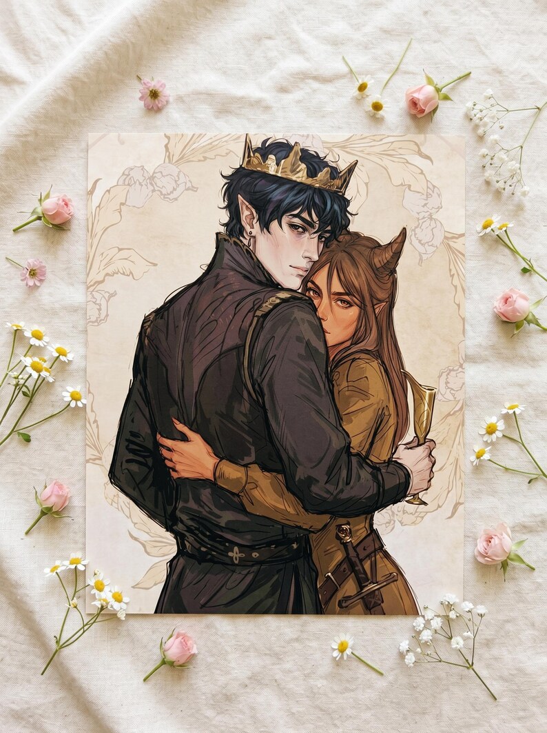May include: An illustration of a couple embracing, surrounded by flowers. The male figure wears a gold crown and black attire, while the female figure is in a brown dress. The artwork has a fantasy theme, with the couple appearing to be elves.