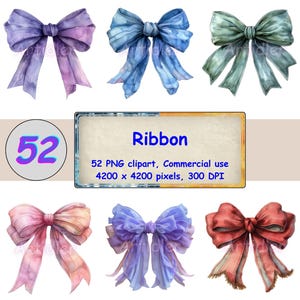 Pode incluir: Um conjunto de 52 ilustrações de aquarela de laços de fita coloridos. Os laços estão em vários tons de azul, rosa e verde. A imagem inclui o texto "Ribbon 52 PNG clipart, Commercial use 4200 x 4200 pixels, 300 DPI".