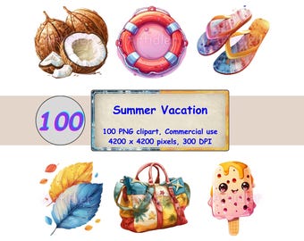 Summer Vacation Clipart Bundle, Watercolor Beach PNG, Tropical Travel Graphics