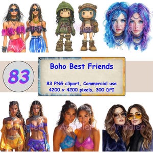 Boho Best Friends Clipart Bundle | Women | Gift For Sisters | Fashion Girls | Soul Sisters | Paper Crafts | Junk Journal | PNG, vv