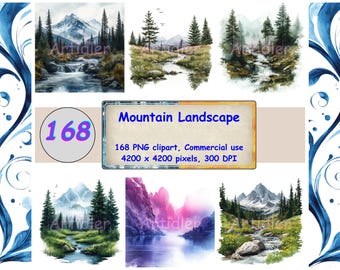 Watercolor Mountain Clipart, Landscape Scenery PNG, Nature Background, Forest Art