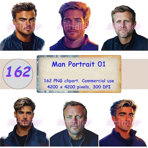 Männerportrait | Blaue Augen | Dunkelblaues Outfit | Aquarell-Clipart-Bundle PNG-Dateien | Junk Journal | Papierhandwerk | Jungen-Clipart | Digital, vv