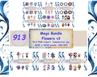 Floral Clipart Set, 913 Flower PNG Elements, Botanical Graphics, Digital Download