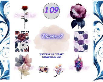 Watercolor Flower Clipart, Botanical PNG Bundle, Spring Floral Graphics, Wedding Art