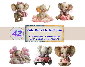 Imágenes prediseñadas de elefante bebé en acuarela, color rosa, para guardería, PNG, baby shower de niña, sublimación