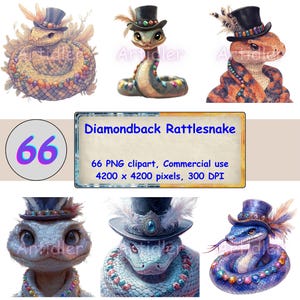 66 Diamondback Rattlesnake | Watercolor Clipart Bundle PNG Files | Gems | Top Hat With Feathers | Sublimation Design | Commercial Use, vv