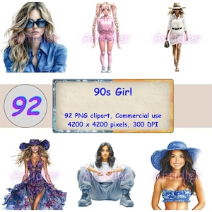 90s Girl | Watercolor Clipart Bundle PNG Files | Retro | Printable Decor | 90s Printable | Digital Download | Transparent Background, vv
